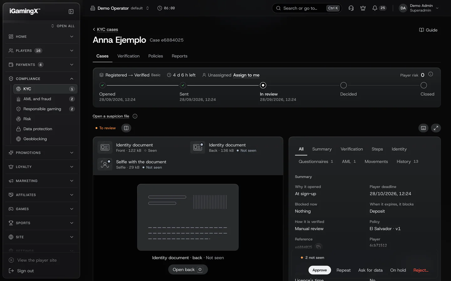 A KYC case in the iGamingX console, with the documents under review and the decision panel.
