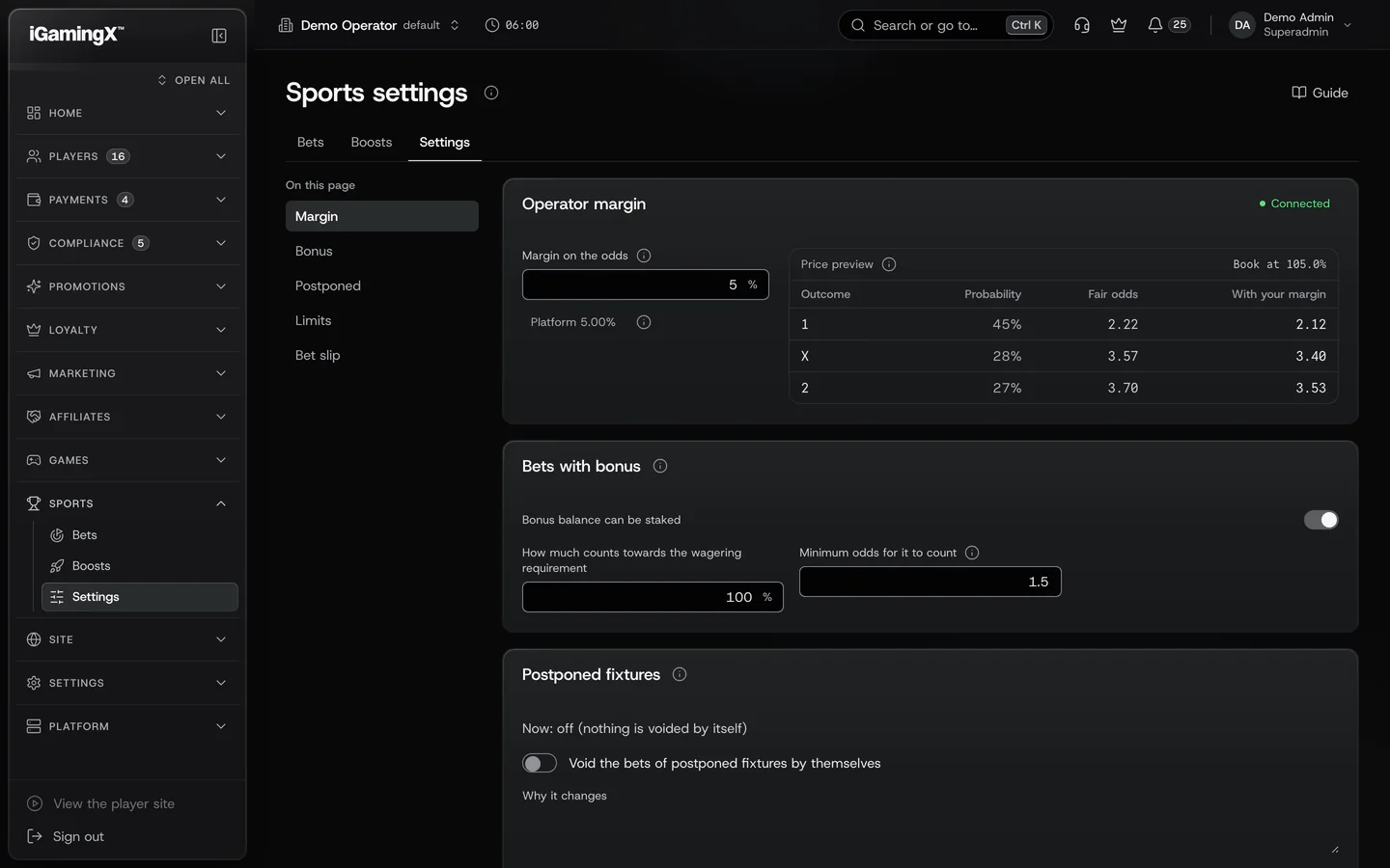 The sports settings of the iGamingX console, with the operator margin and its price preview, bonus bets and postponed fixtures, on sample data.