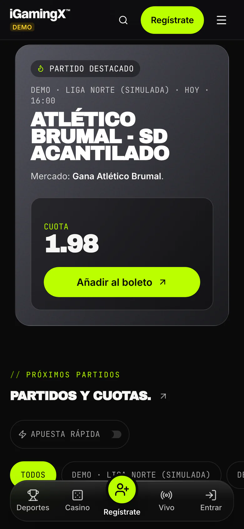 La pantalla de inicio del front del jugador de iGamingX en un móvil, con un partido destacado sobre datos de ejemplo, su cuota y la navegación inferior.