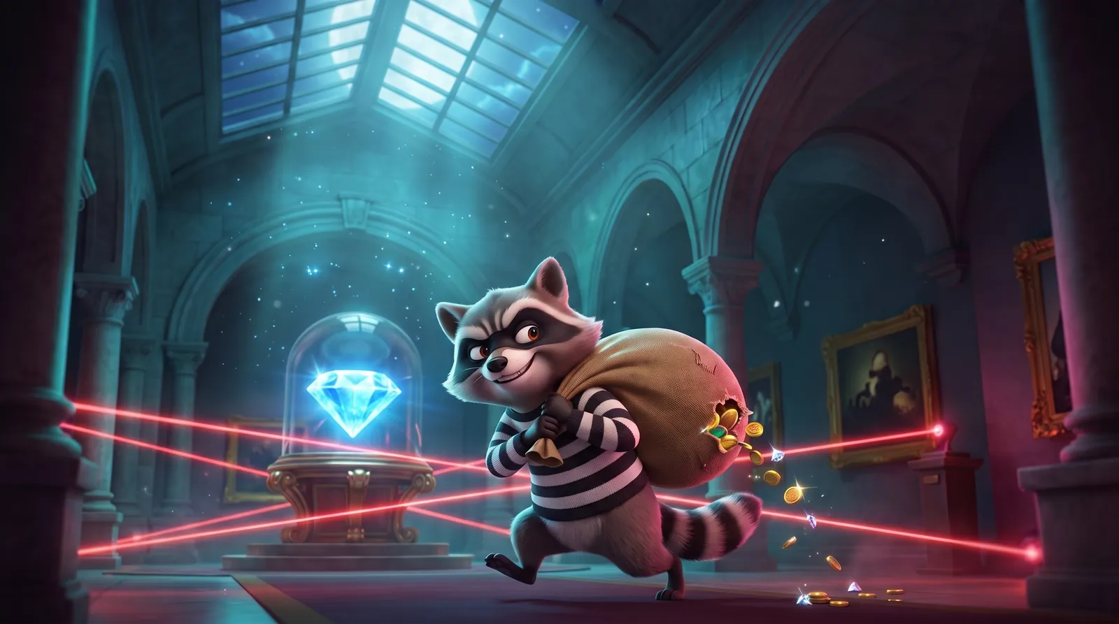 Atraco Mapache: a raccoon in a striped jumper running off with a sack past laser beams and a diamond.