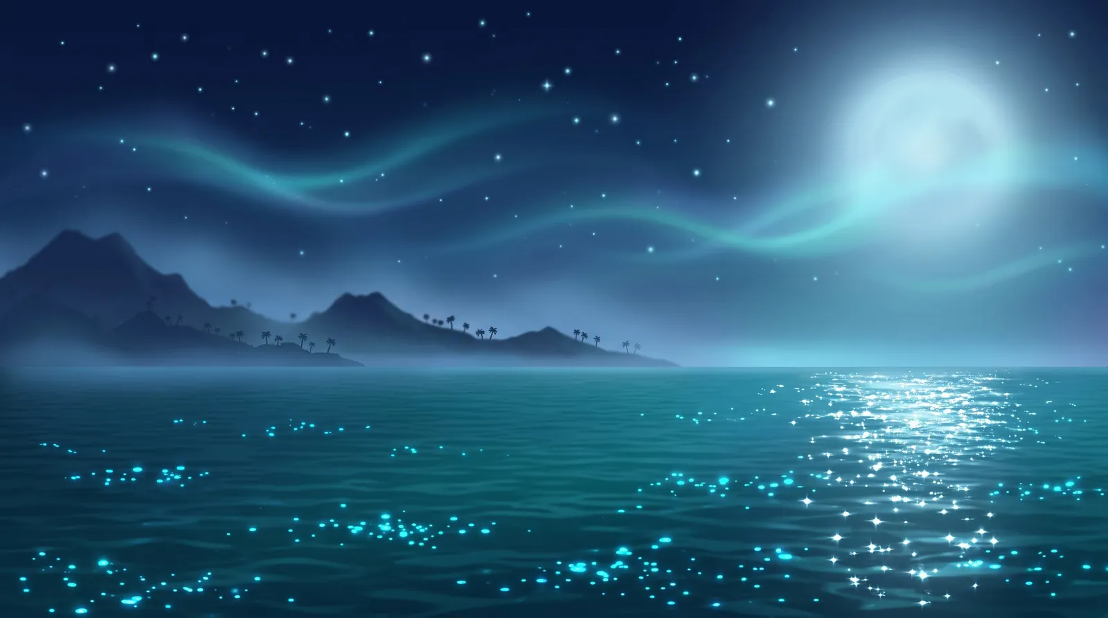 Big Wave: two surfers riding a huge turquoise wave at night.