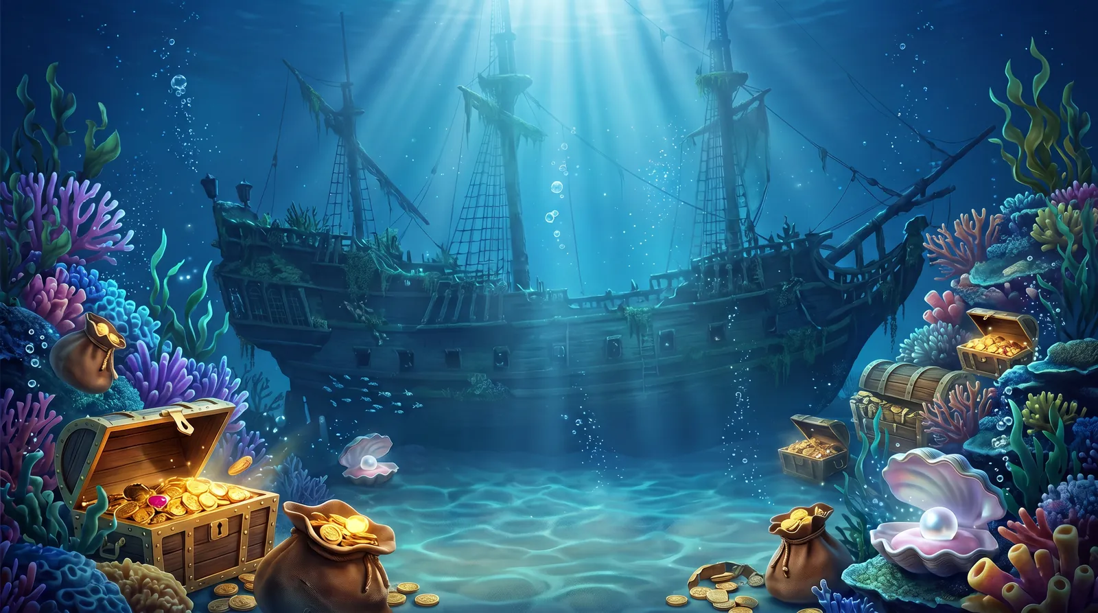 Buzo de Oro: a diver in a brass helmet over a sunken galleon and treasure chests.