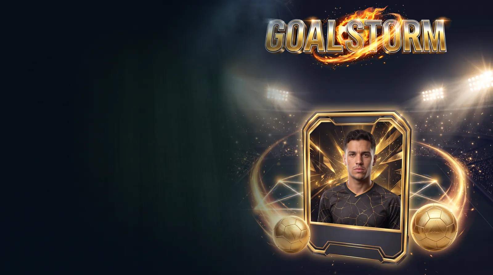Goalstorm: a gold-framed football card of a player between two golden balls in a floodlit stadium.