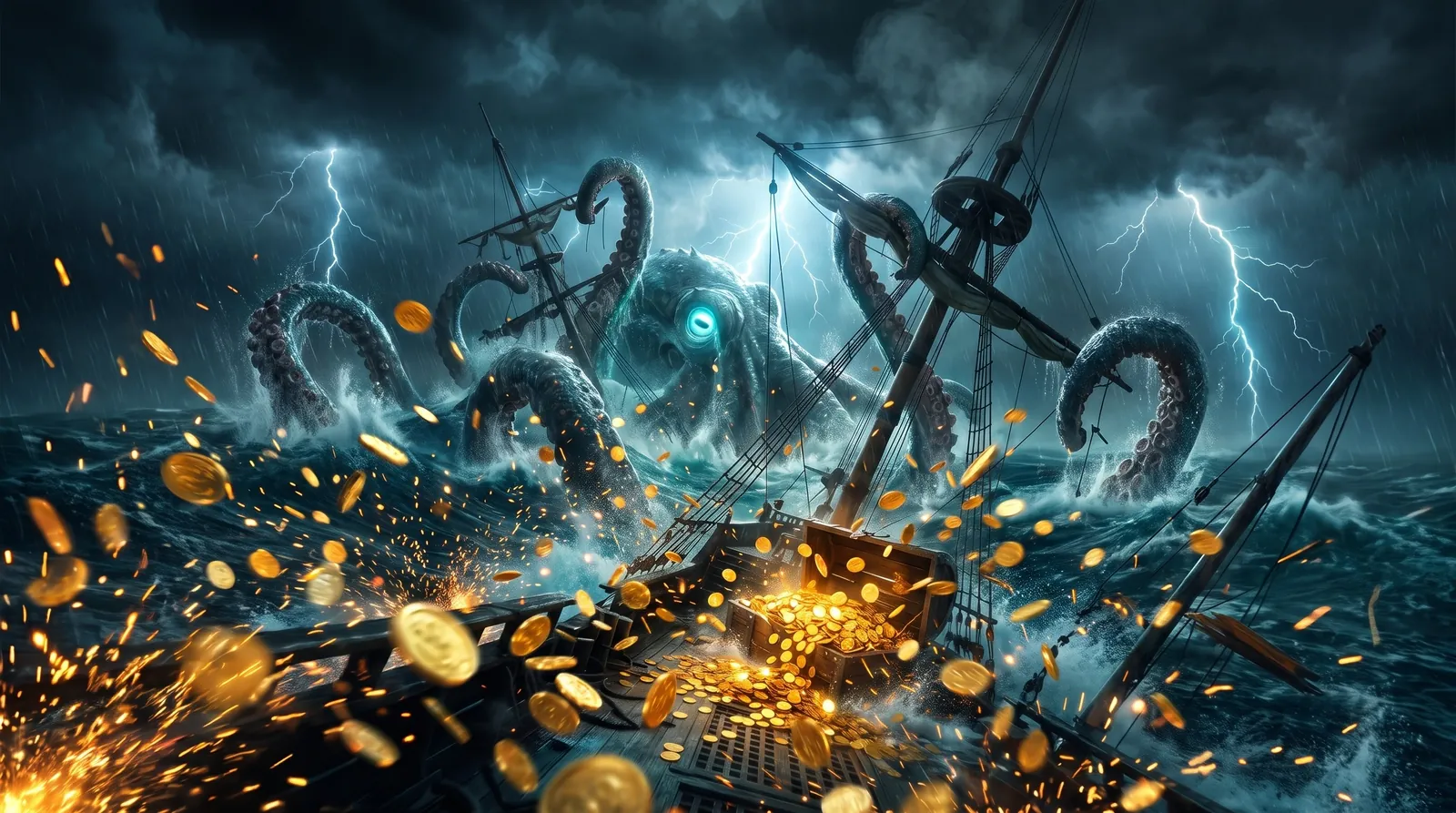 Kraken Storm Gold: a kraken wrapping a shipwreck in a storm, gold coins flying.