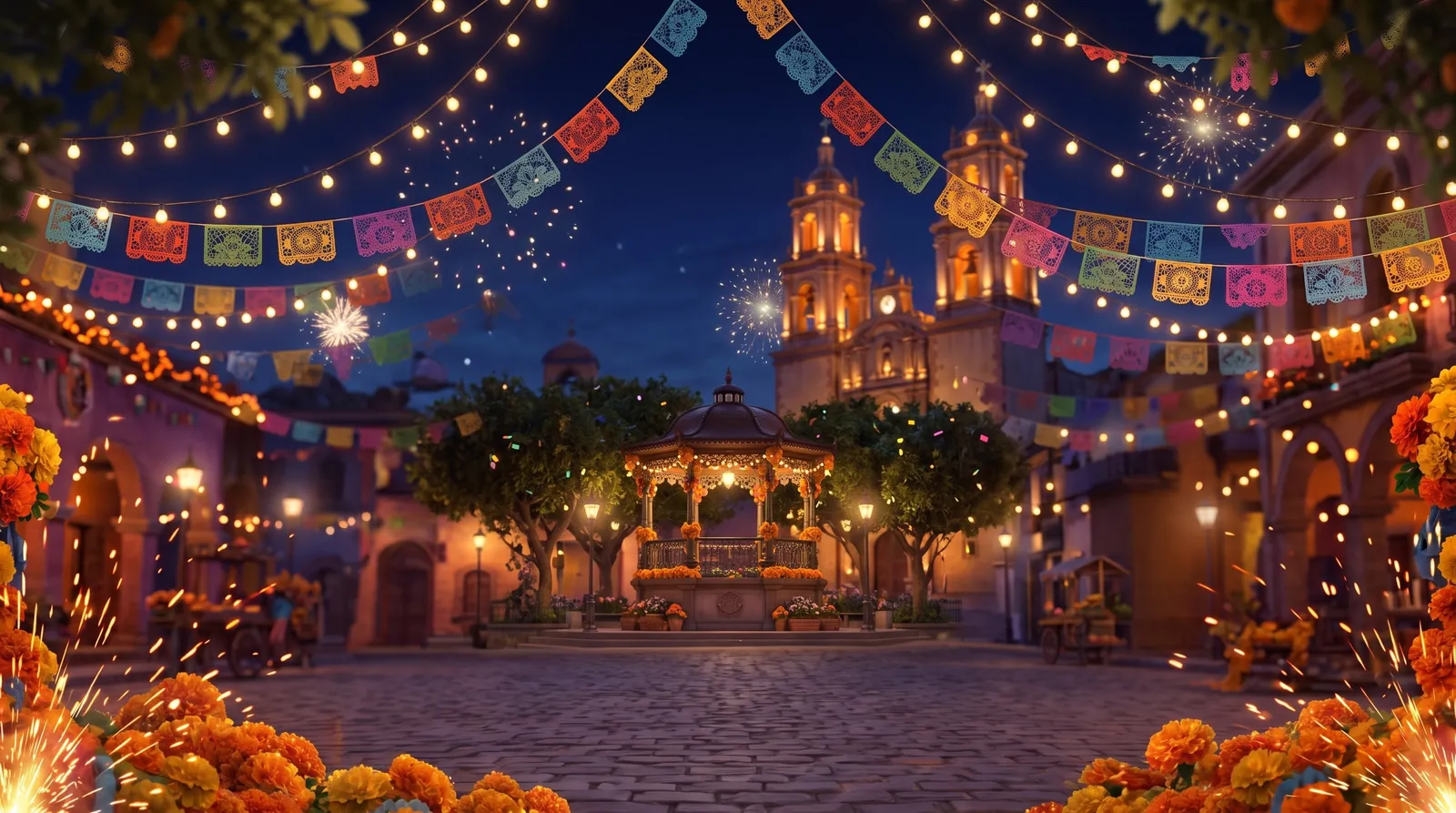 Piñata: a colourful donkey piñata in a festive town square at night.
