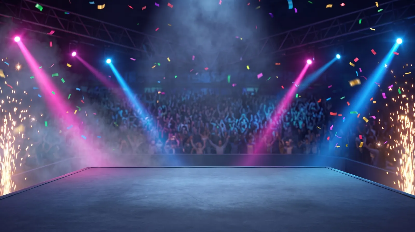 Rey del Ring: a masked luchador wearing the champion's belt, flexing in the ring under stage lights.