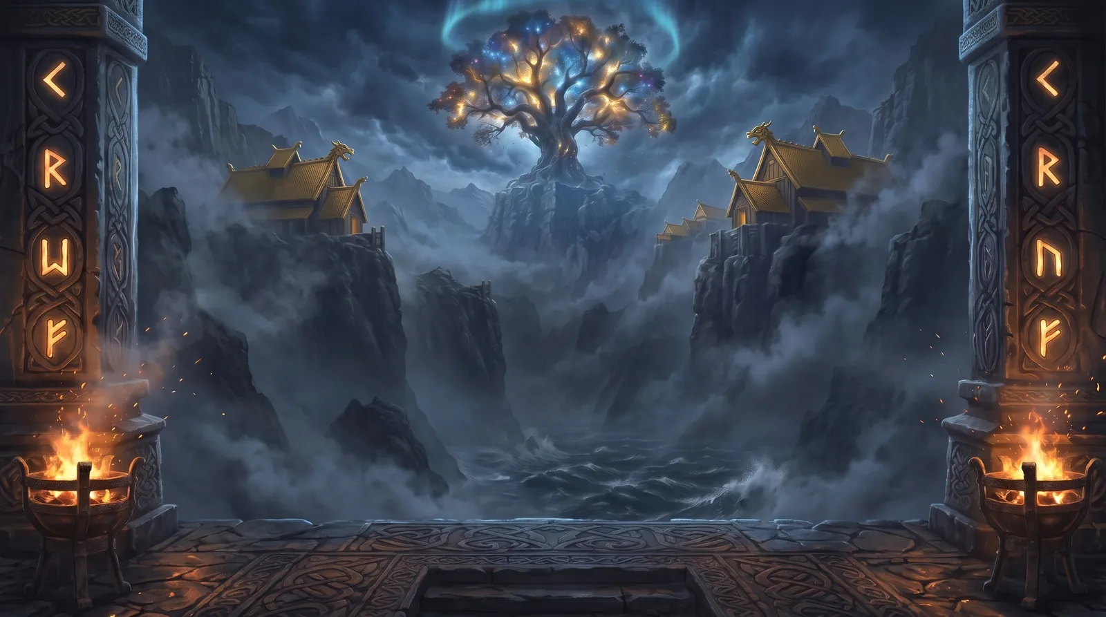 Rise of the Gods: Odin and Thor in armour at the gates of a Norse temple, lightning in the air.